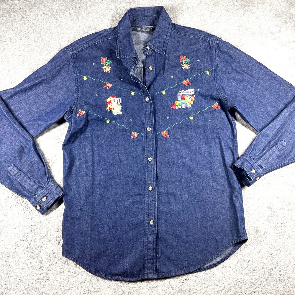 Blue Denim Christmas Button Down Women's Sz S Embroidered Santa Light‎ Holiday